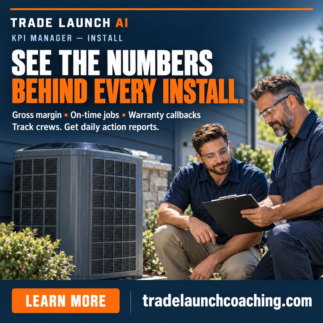 Trade Launch AI KPI Manager Install — track gross margin, on-time jobs, and warranty callbacks