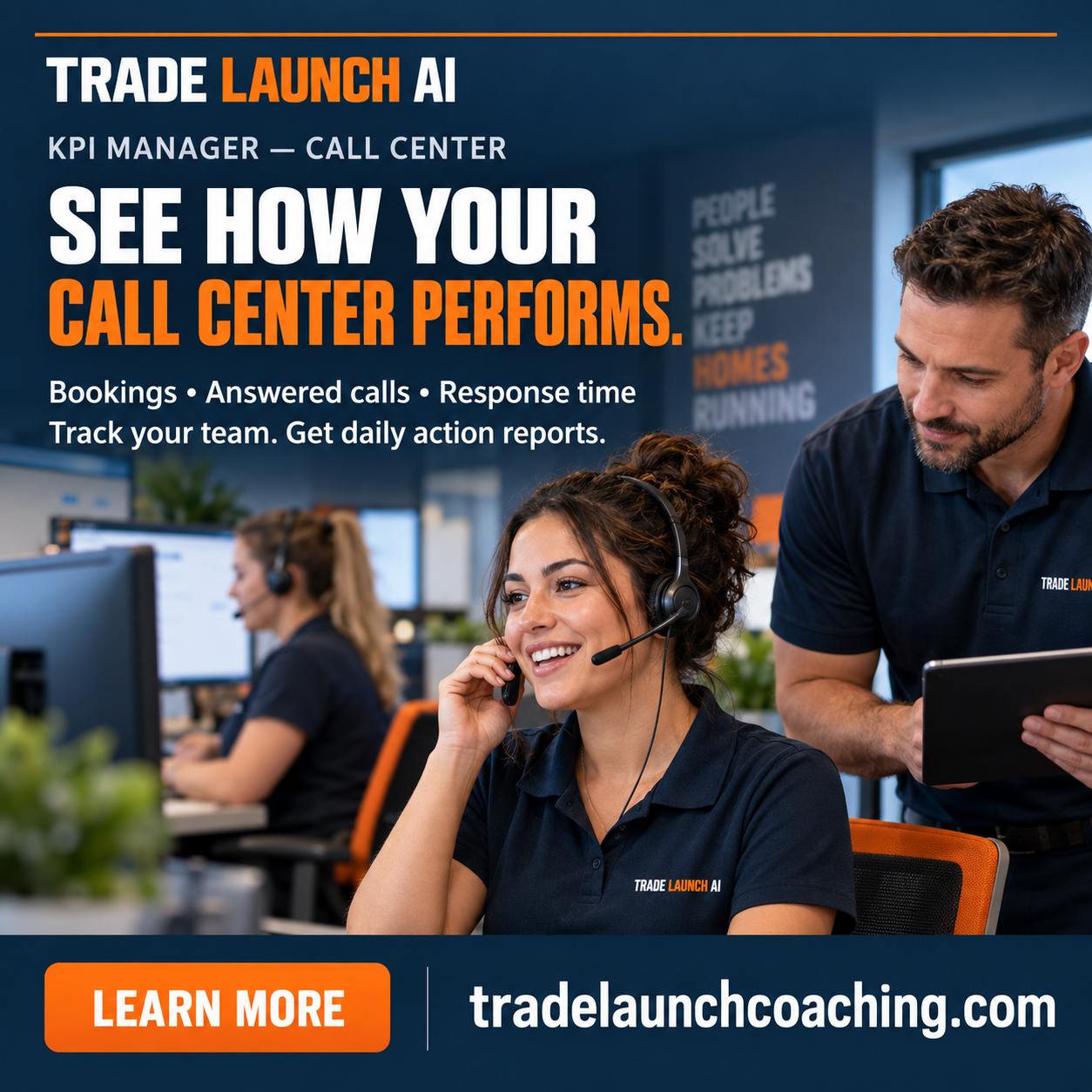 Trade Launch AI KPI Manager Call Center — track bookings, answered calls, and response time