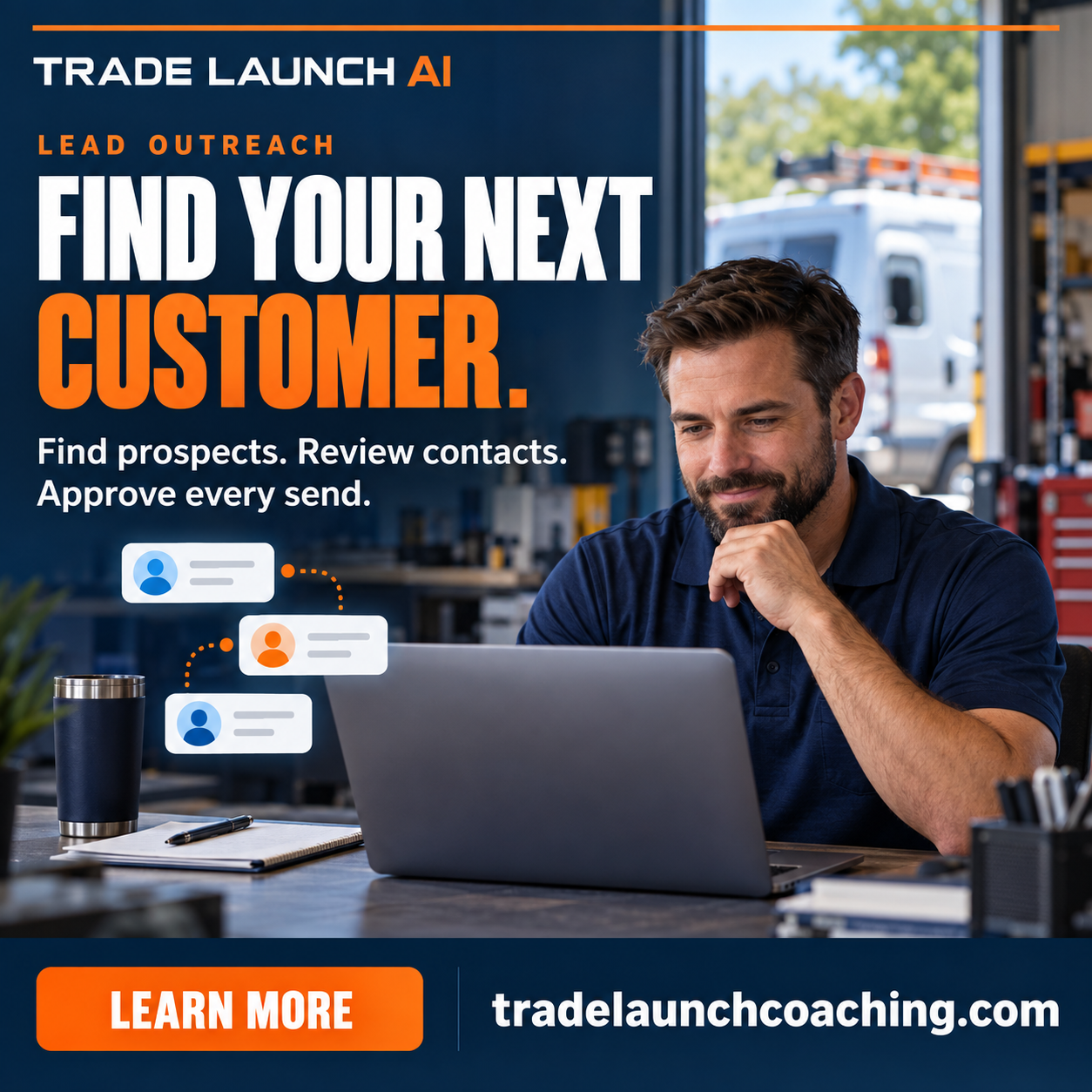 Trade Launch AI Lead Outreach — find prospects, review contacts, and approve every send